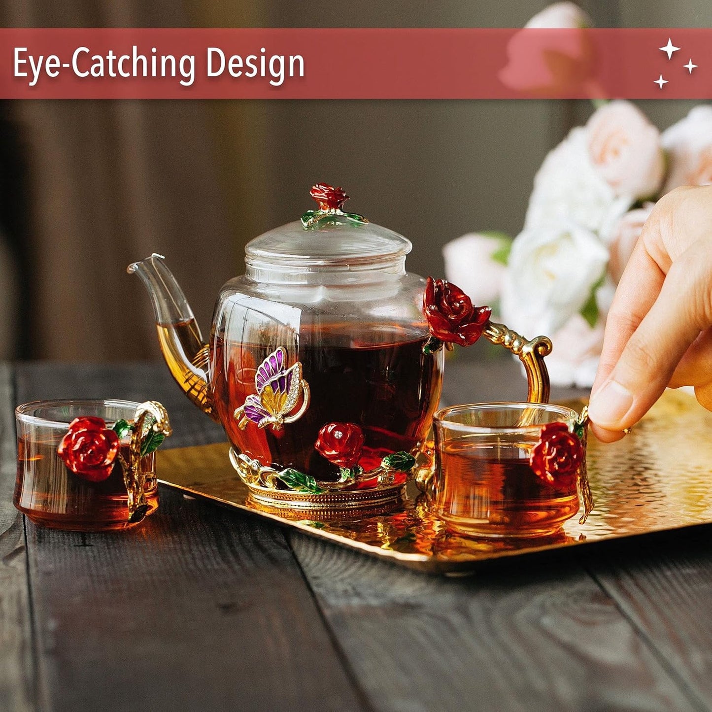BTaT- Floral Glass Tea Set, 2 Fancy Cups, Small Glass Tea Set, Tea Pot Glass, Tea Kettle Set