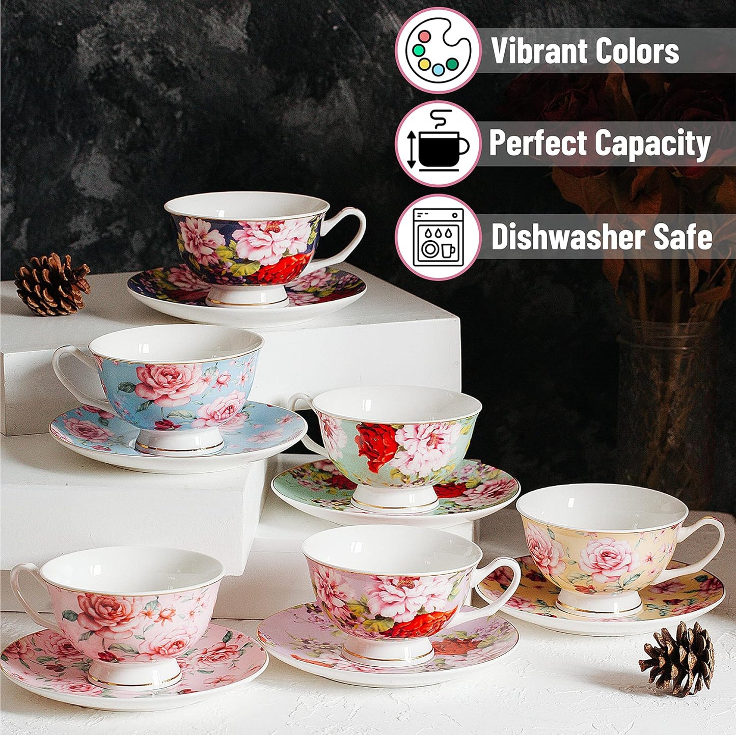 BTaT- Tea Cups, Tea Cups and Saucers Set of 6, Tea Set, Floral Tea Cups (8oz)