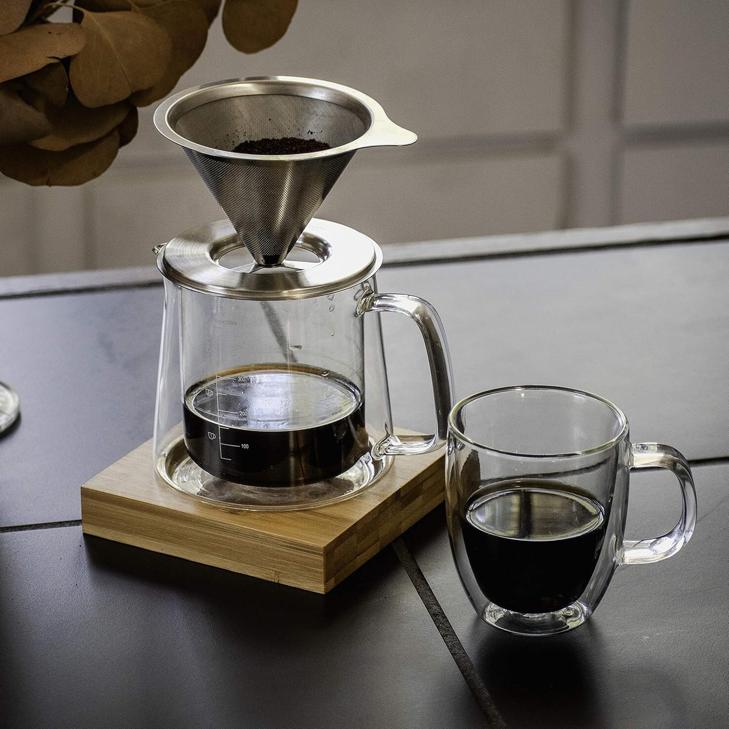 Brew To A Tea BTaT- Pour Over Coffee Maker Set, Double Wall Glass, 16 oz