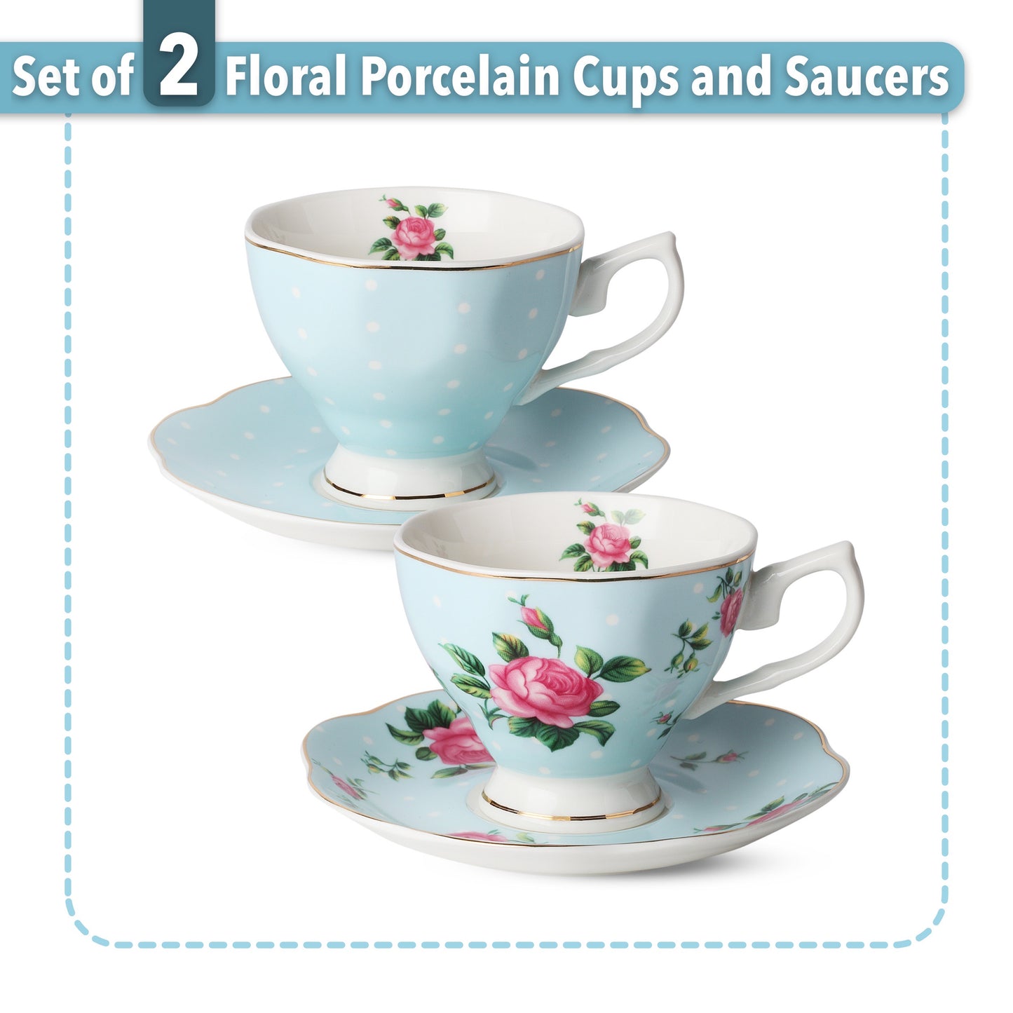 BTaT- Floral Tea Cups and Saucers, Set of 2, 8oz, with Gold Trim and Gift Box