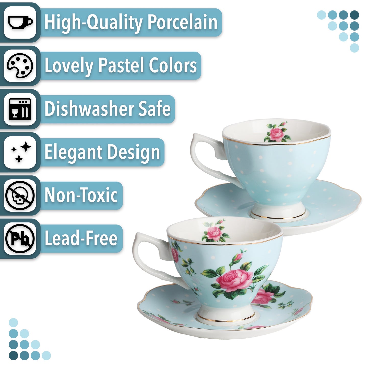 BTaT- Floral Tea Cups and Saucers, Set of 2, 8oz, with Gold Trim and Gift Box