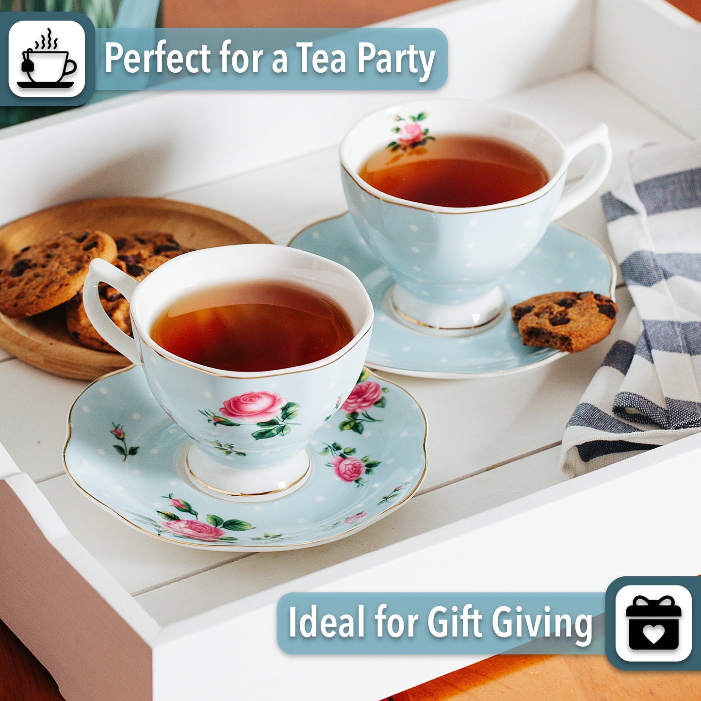 BTaT- Floral Tea Cups and Saucers, Set of 2, 8oz, with Gold Trim and Gift Box