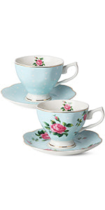 BTaT- Floral Tea Cups and Saucers, Set of 2, 8oz, with Gold Trim and Gift Box