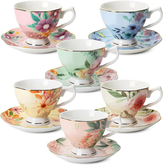 BTaT- Tea Cups and Saucers Set of 6, Tea Set, Floral Tea Cups (8oz)