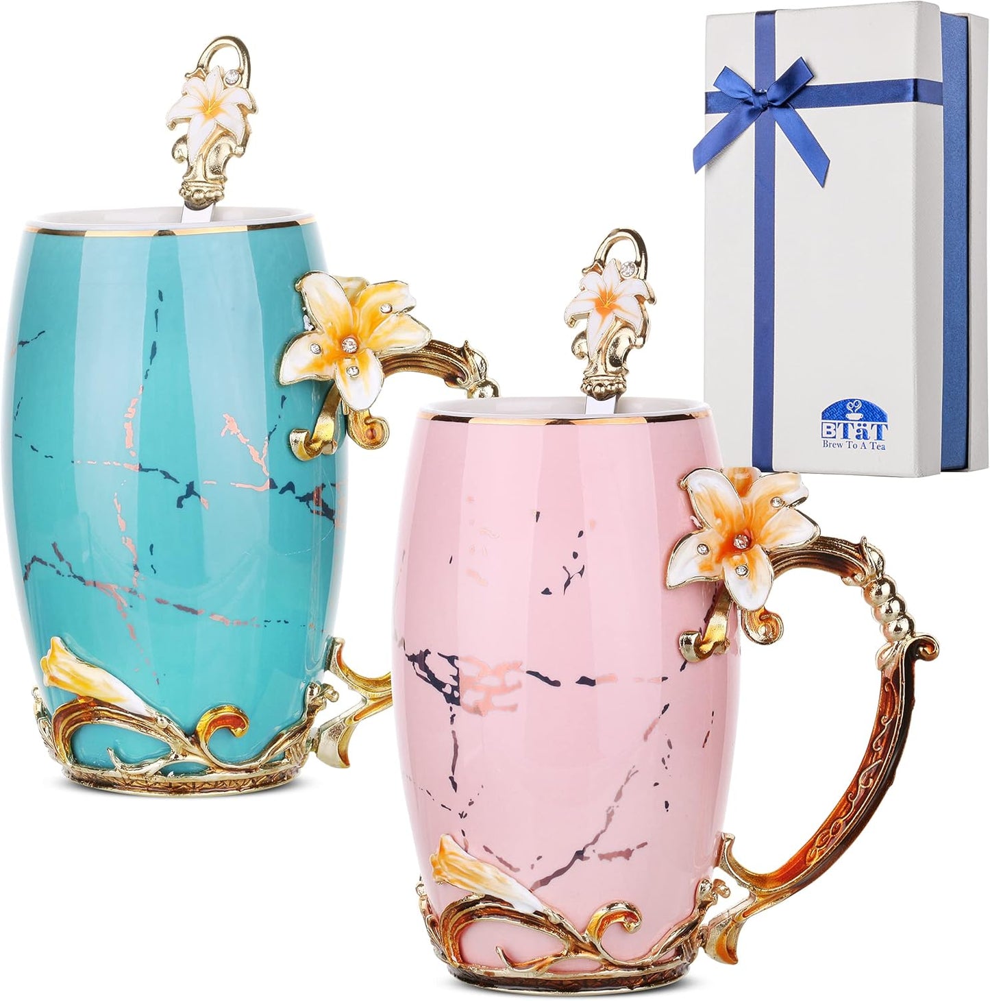 BTaT- Floral Ceramic Mugs with Spoon, Set of 2, Pink and Blue