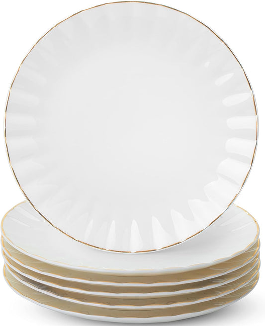 BTaT- White Dessert Plates, Set of 6, 8 inch, White Porcelain with Gold Trim, Small Plate