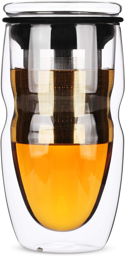 BTAT- Double Wall Glass Tea Cup With Stainless Steel Infuser & Lid, 16oz, 500ml