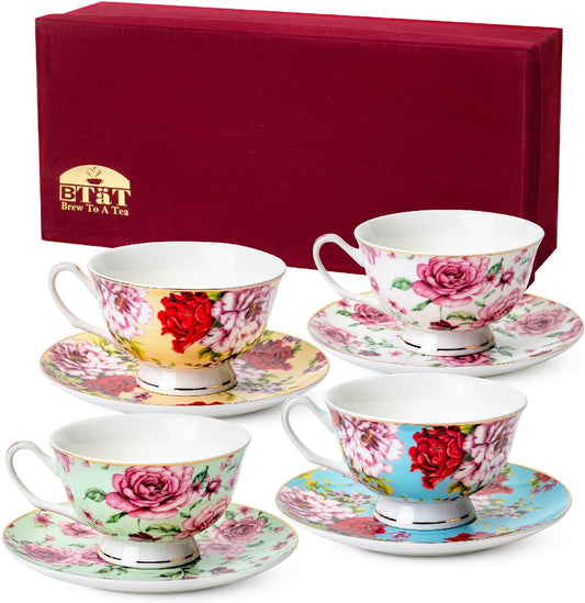 BTaT- Floral Tea Cups and Saucers with Gift Box, 8 oz, Tea Cups Set of 4