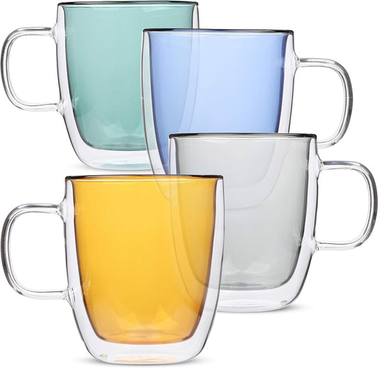 BTaT- Colored Double Walled Glass Coffee Mugs, Set of 4 (12oz, 350ml), Assorted Colors