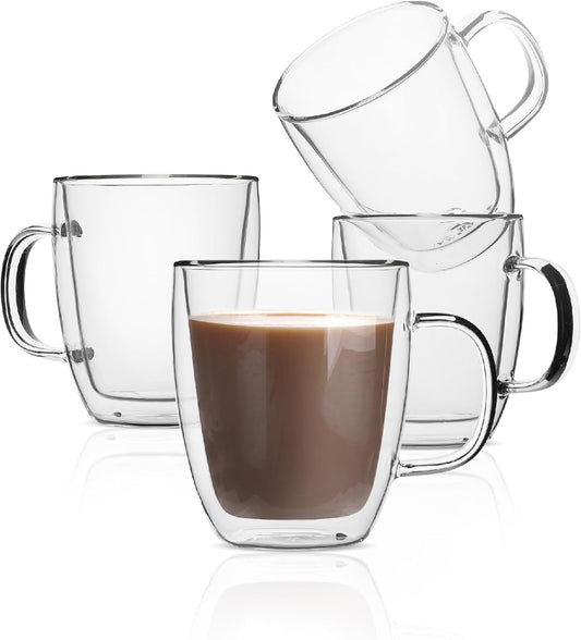 BTaT- Double Wall Glass Coffee Mugs, 12 oz, Set of 4, Double Glass Coffee Cups