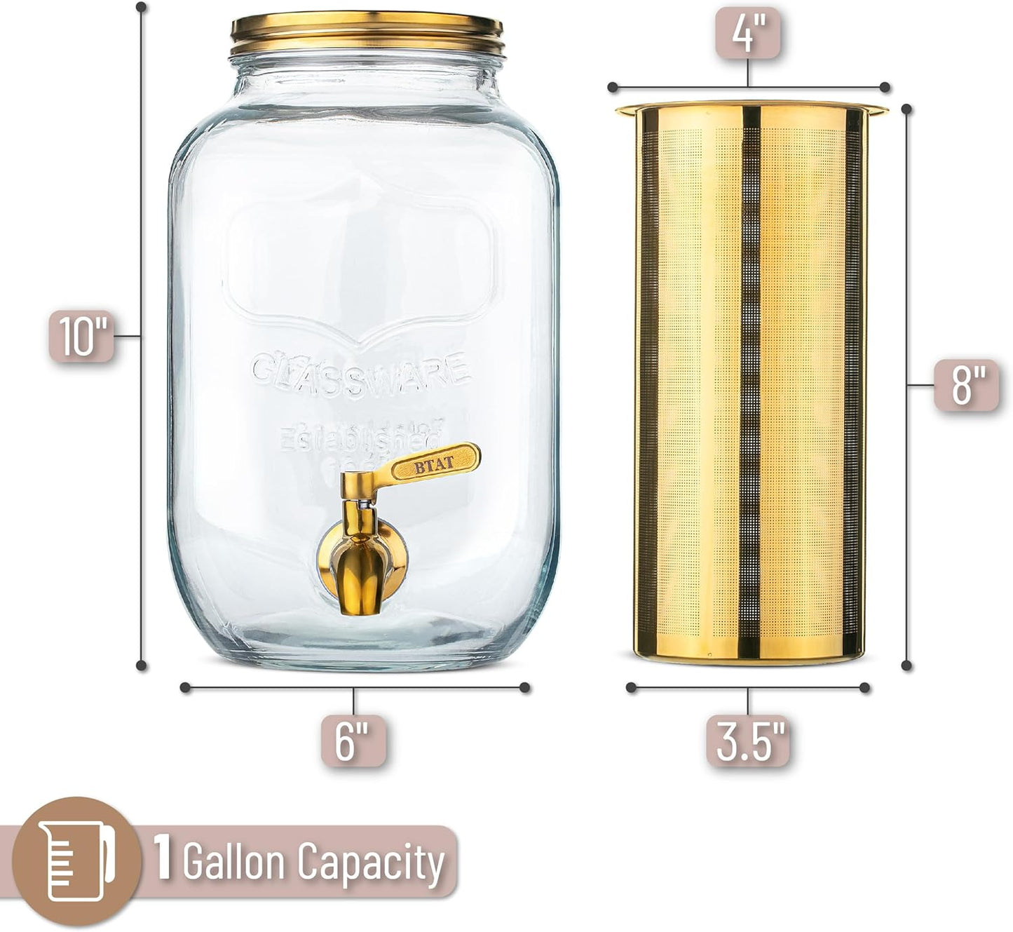 BTaT- Cold Brew Coffee Maker, 1 Gallon, Gold, Mason Jar Cold Brew Maker