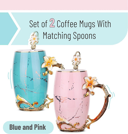 BTaT- Floral Ceramic Mugs with Spoon, Set of 2, Pink and Blue