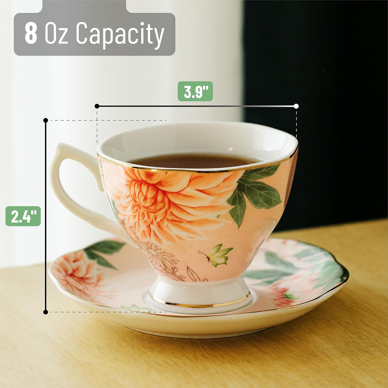 BTaT- Tea Cups and Saucers Set of 6, Tea Set, Floral Tea Cups (8oz) – Brew  to a Tea