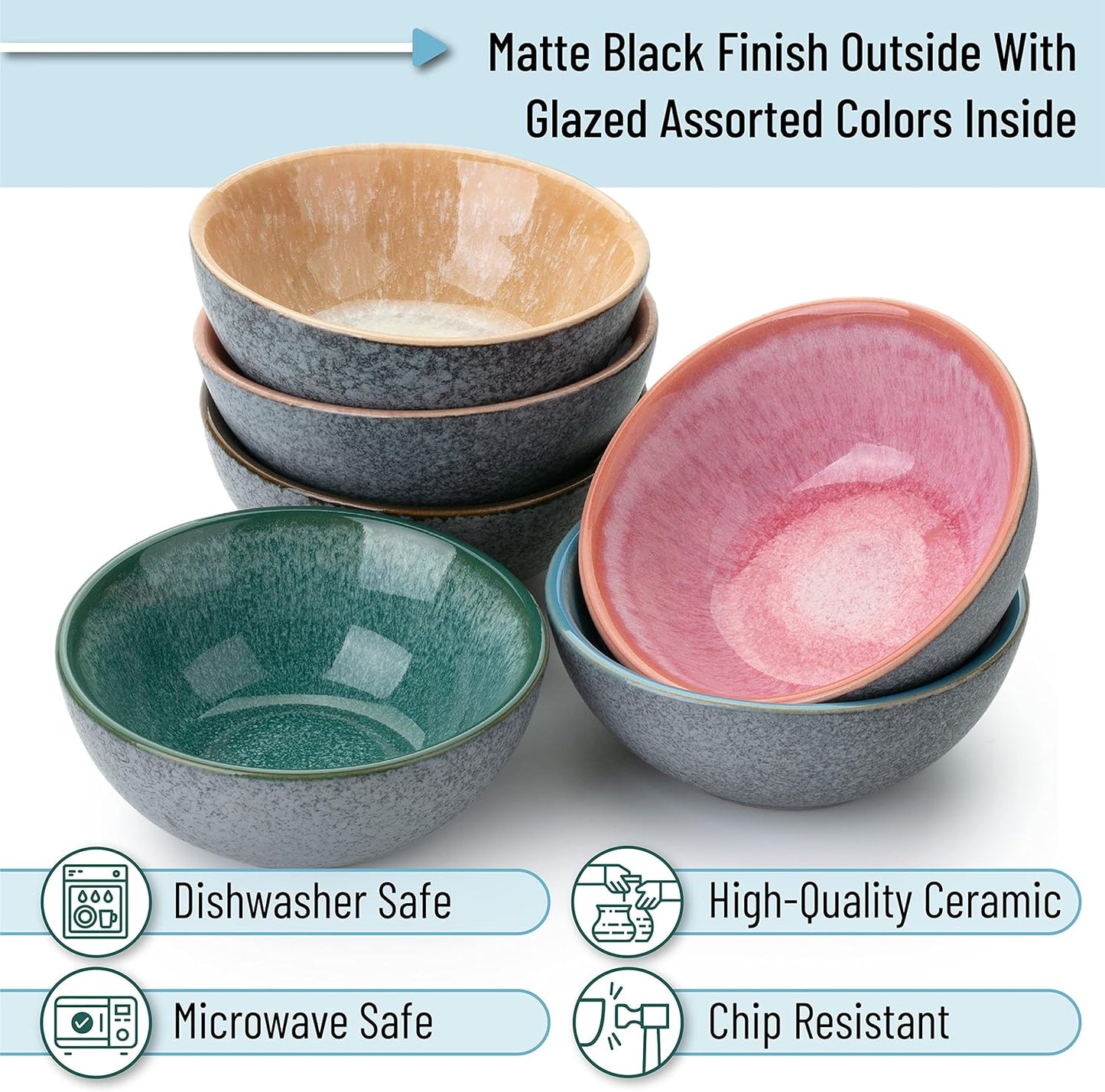 Brew To A Tea BTaT- Ceramic Dipping Bowls, 3.5 Oz, Set of 6, Colorful Small Bowls