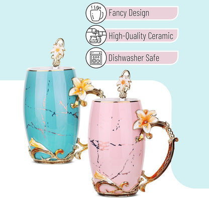 BTaT- Floral Ceramic Mugs with Spoon, Set of 2, Pink and Blue