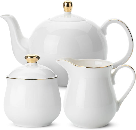 BTaT- 3 Piece Tea Set, Creamer and Sugar and Teapot Set, White Cream and Sugar Bowl and Creamer Set White Teapot Porcelain Teapot