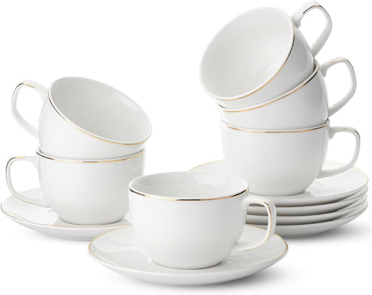 BTaT- Tea Cups and Saucers with Gold Trim, Set of 6, 7oz, White Porcelain Tea Cups