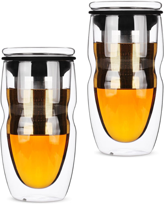 BTaT- Double Wall Glass Tea Cup With Stainless Steel Infuser, 2 Pack, 16oz