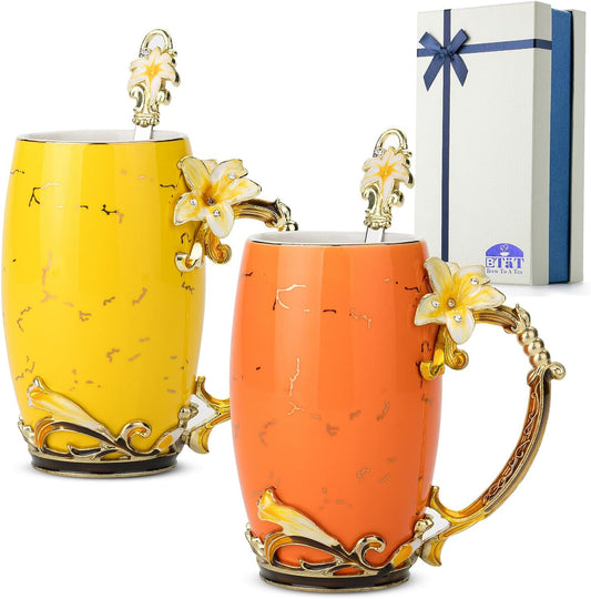 BTaT - Floral Ceramic Mugs with Spoon, Set of 2, Fancy Coffee Mugs with Spoon