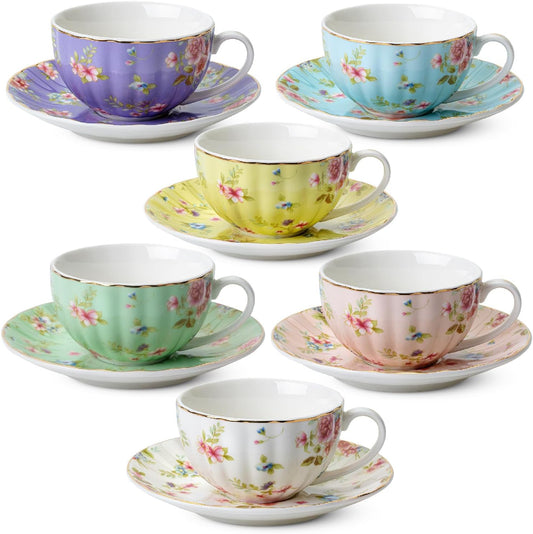 BTaT- Tea Cups and Saucers Set of 6, Tea Set, Floral Tea Cups (7oz), Porcelain Tea Cups for Tea Party