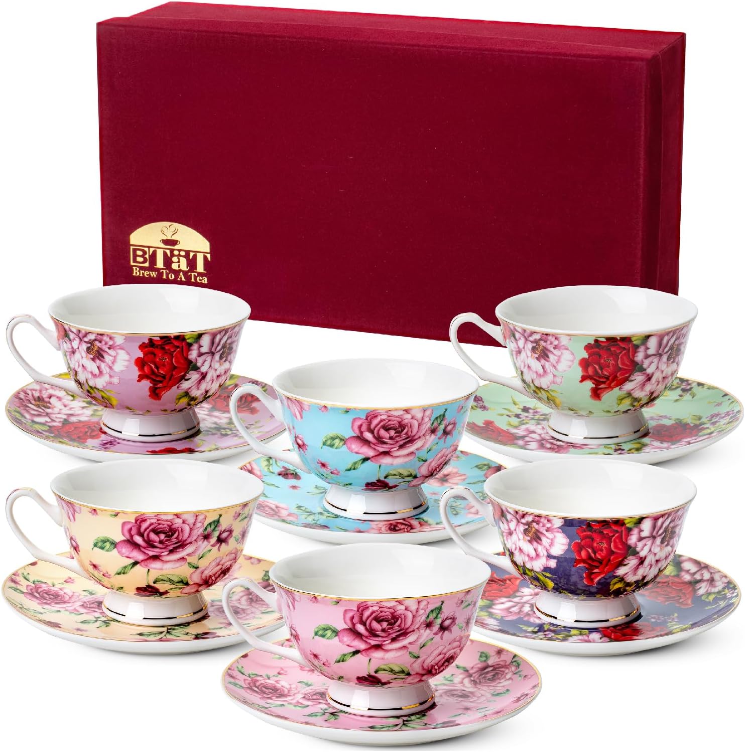BTaT- Floral Tea Cups and Saucers with Gift Box, 8oz, Tea Cups Set of ...