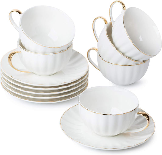 BTaT- Tea Cups and Saucers, Set of 6 (7 oz) with Gold Trim and Gift Box, Cappuccino Cups