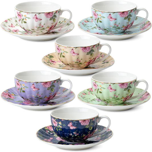 BTaT- Floral Tea Cups and Saucers, 7 oz, Tea Cups Set of 6, Porcelain Tea Cups