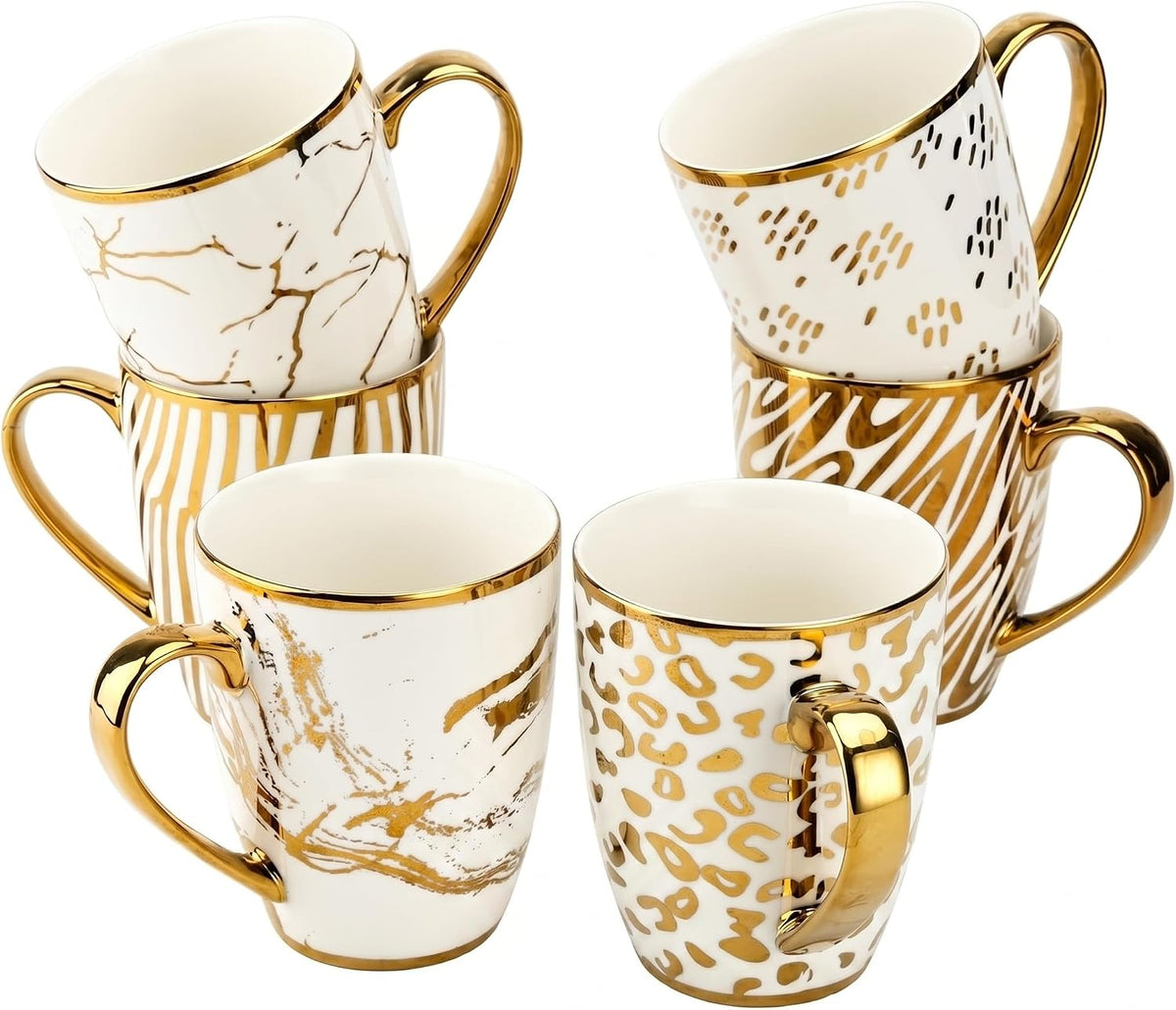 BTaT- Gold Porcelain Coffee & Tea Mugs, 16 oz, 6 Pack, Fine Porcelain Drinkware with Gold-Plated Finish, Elegant Cups for Coffee, Tea, Hot Chocolate, Parties & Special Occasions, Mug Gift Set