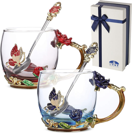 BTaT- Floral Glass Tea Cups, Pack of 2, Flower Tea Cups, Fancy Tea Cups, Fancy Glass Cups