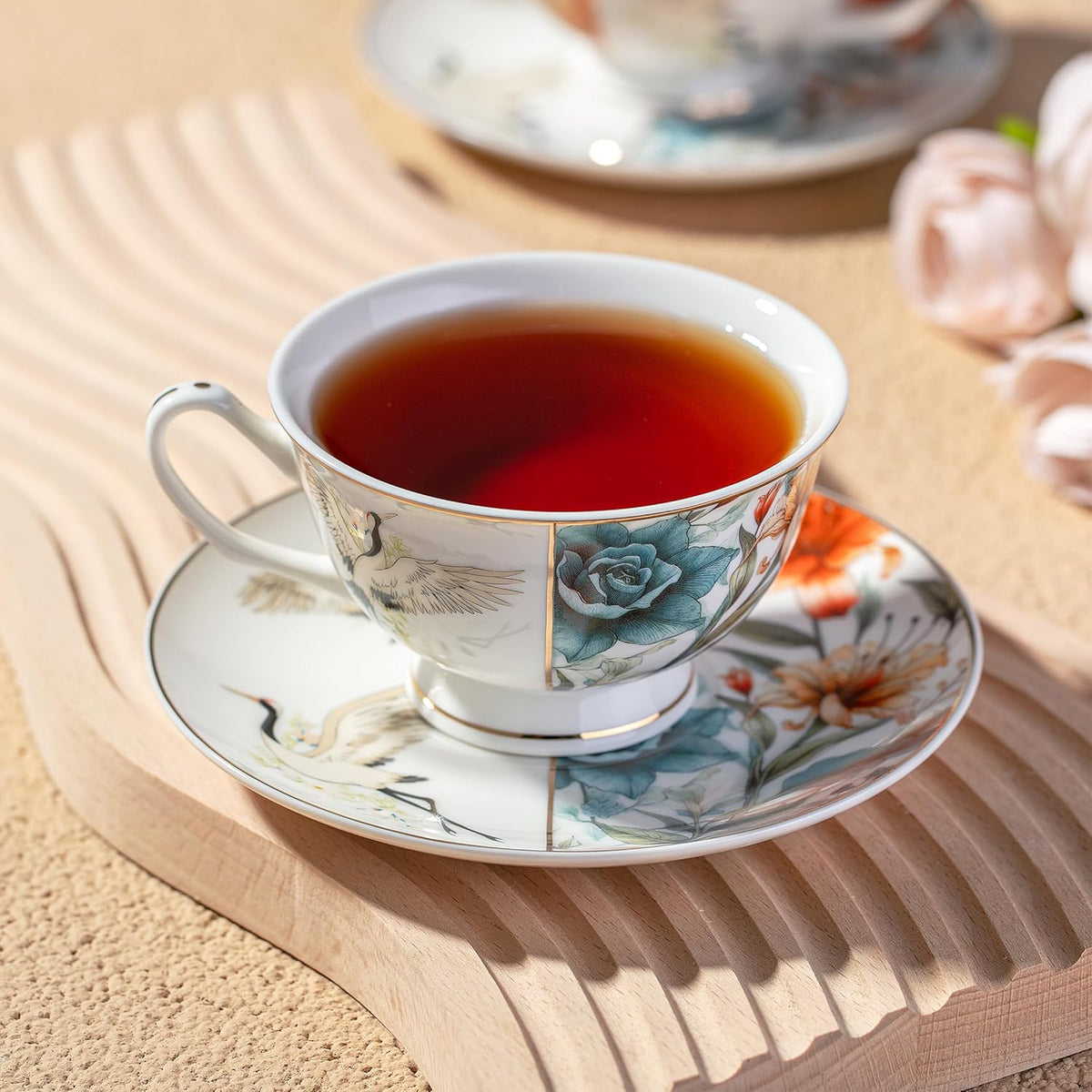 BTaT- Floral Tea Cups and Saucers with Gift Box, 8 oz, Tea Cups Set of 4, Cup & Saucer Sets, Tea Cup Set of 4