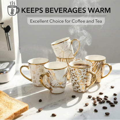 BTaT- Gold Porcelain Coffee & Tea Mugs, 16 oz, 6 Pack, Fine Porcelain Drinkware with Gold-Plated Finish, Elegant Cups for Coffee, Tea, Hot Chocolate, Parties & Special Occasions, Mug Gift Set