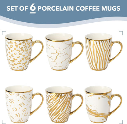 BTaT- Gold Porcelain Coffee & Tea Mugs, 16 oz, 6 Pack, Fine Porcelain Drinkware with Gold-Plated Finish, Elegant Cups for Coffee, Tea, Hot Chocolate, Parties & Special Occasions, Mug Gift Set