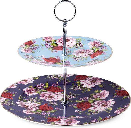 BTaT- Floral 2 Tier Round Porcelain Cupcake Stand, Ceramic Tiered Serving Stand