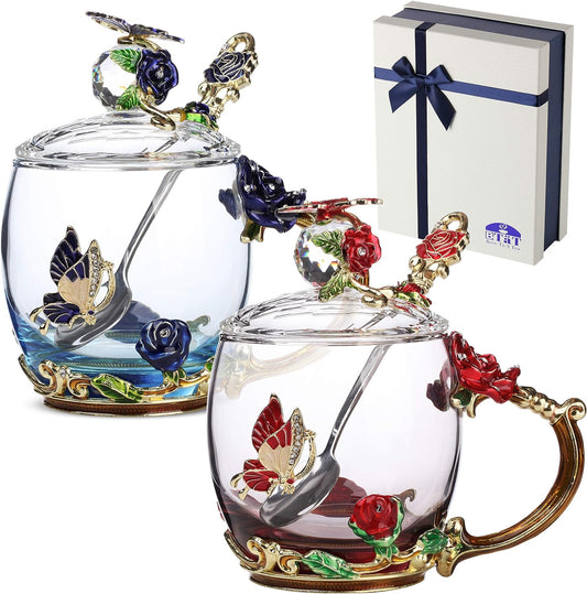 BTaT- Floral Glass Tea Cups with Lids, Pack of 2, Flower Tea Cups, Fancy Tea Cups