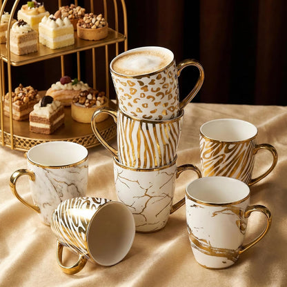BTaT- Gold Porcelain Coffee & Tea Mugs, 16 oz, 6 Pack, Fine Porcelain Drinkware with Gold-Plated Finish, Elegant Cups for Coffee, Tea, Hot Chocolate, Parties & Special Occasions, Mug Gift Set