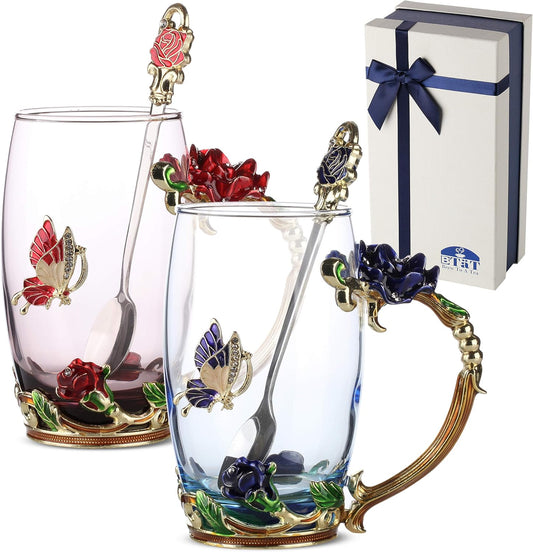 BTaT- Floral Glass Tea Cups, Pack of 2, Flower Tea Cups for Women, Fancy Tea Cups