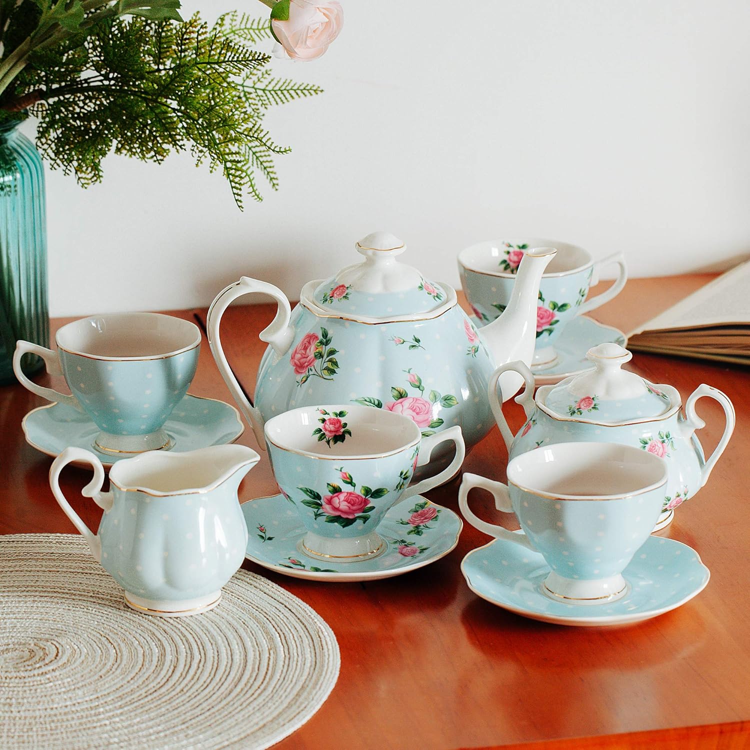 Polish Pottery Teapot Creamer Sugar Bowl Floral Pattern Blue outlet White Pink Tea Drin