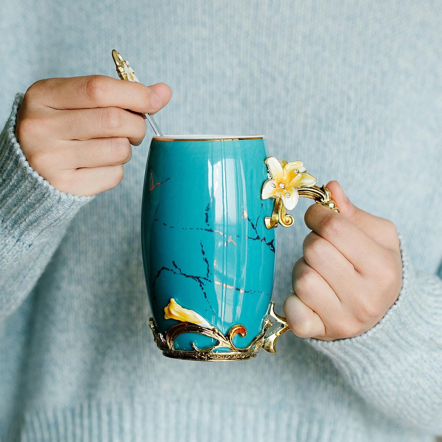 BTaT- Floral Ceramic Mugs with Spoon, Set of 2, Pink and Blue