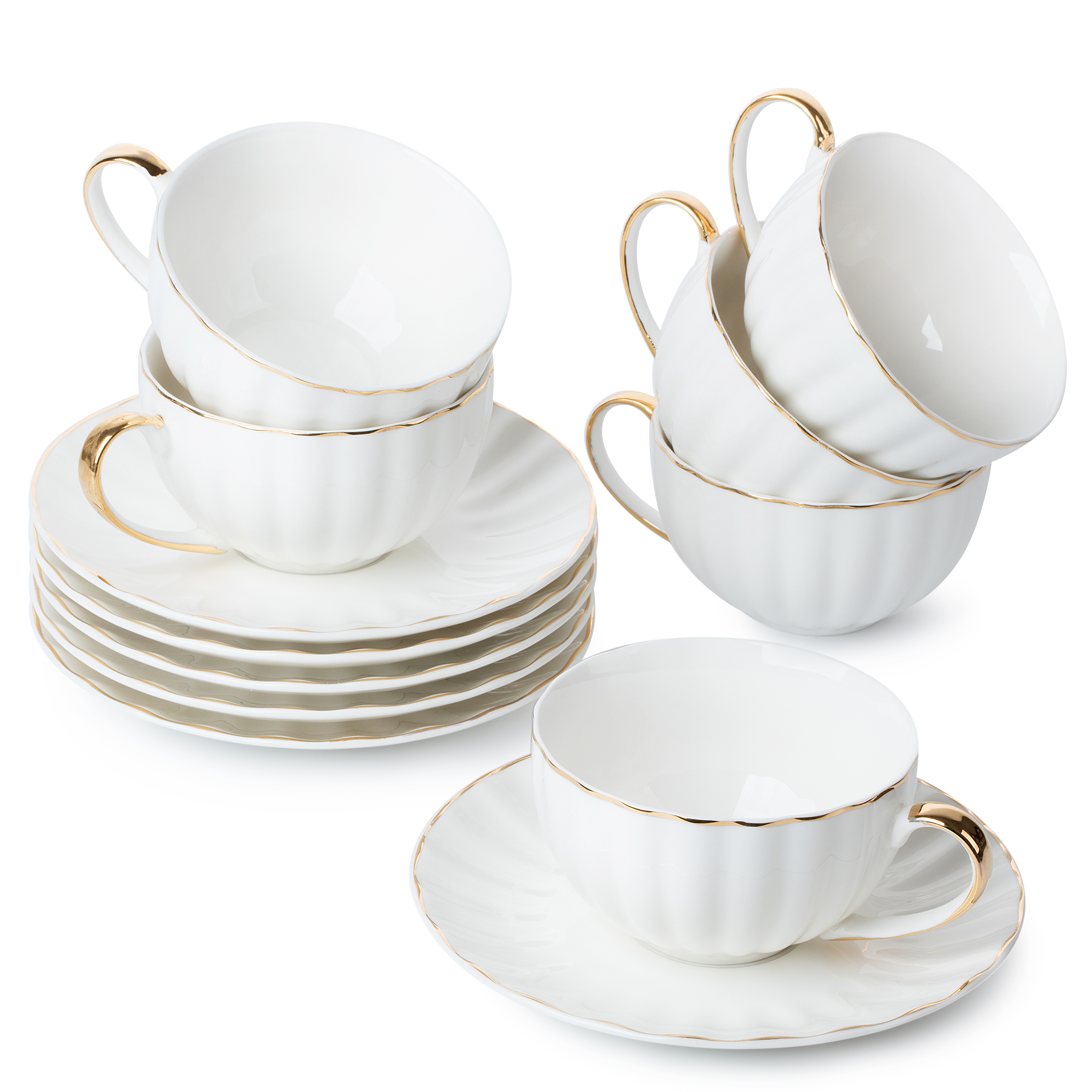 Set of 4 Colorful Porcelain Tea-Coffee Cups and Saucers Set - 8 oz, Gold