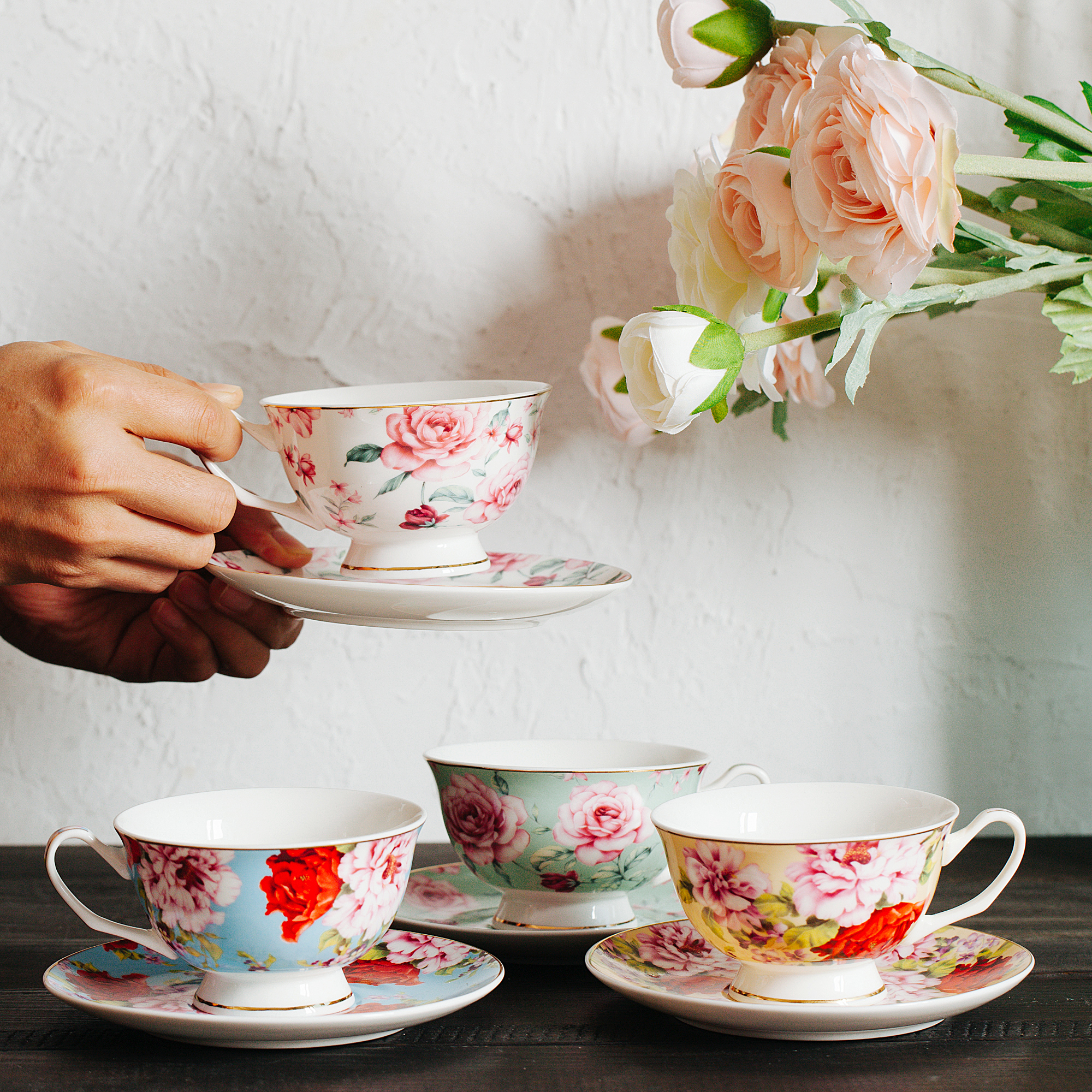 BTäT- Floral Tea Cups and Saucers (Pink - 8 oz)