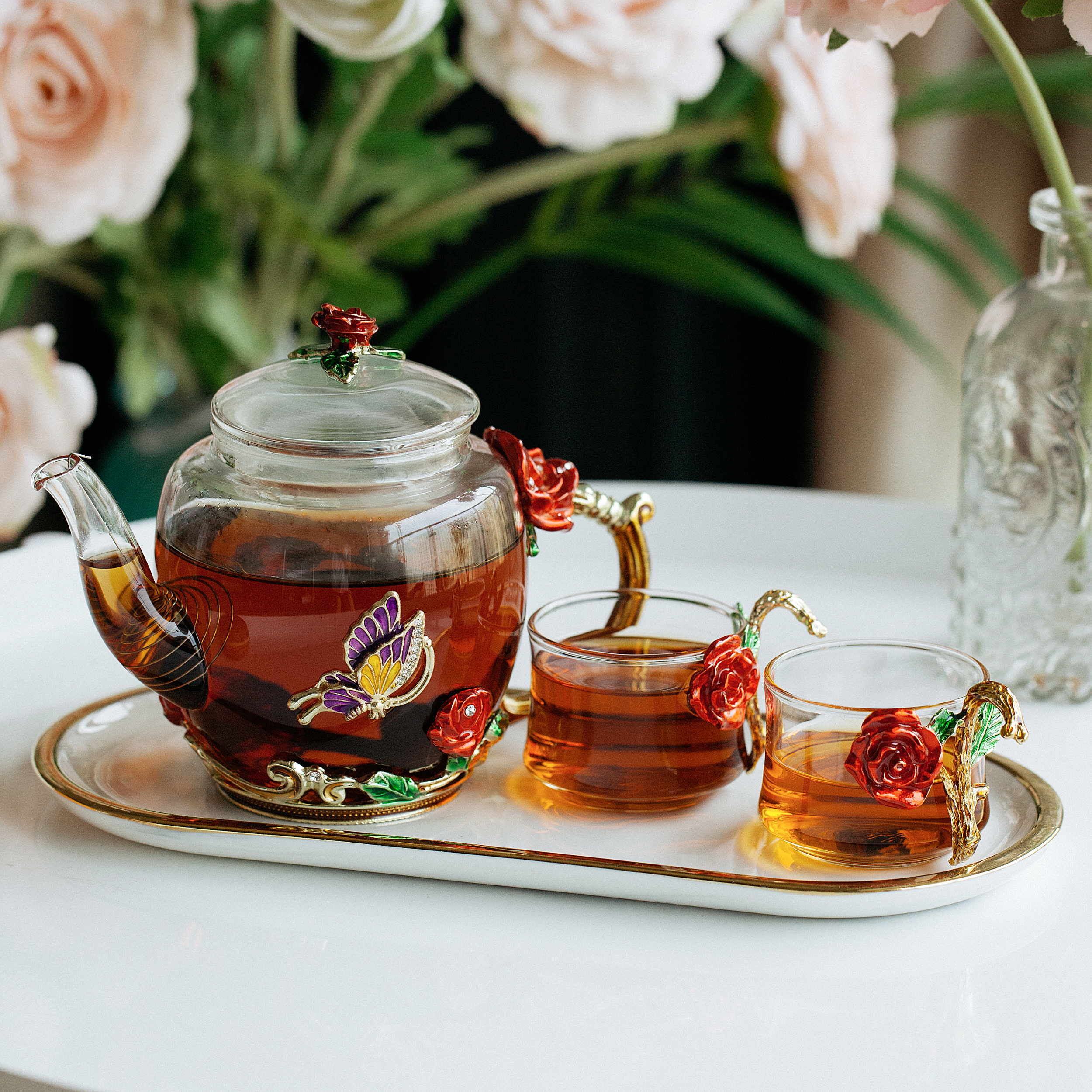 BTaT- Small Glass Tea Set, 2 Fancy Cups, Tea Pot Glass, Tea Kettle Set, Tea Pot