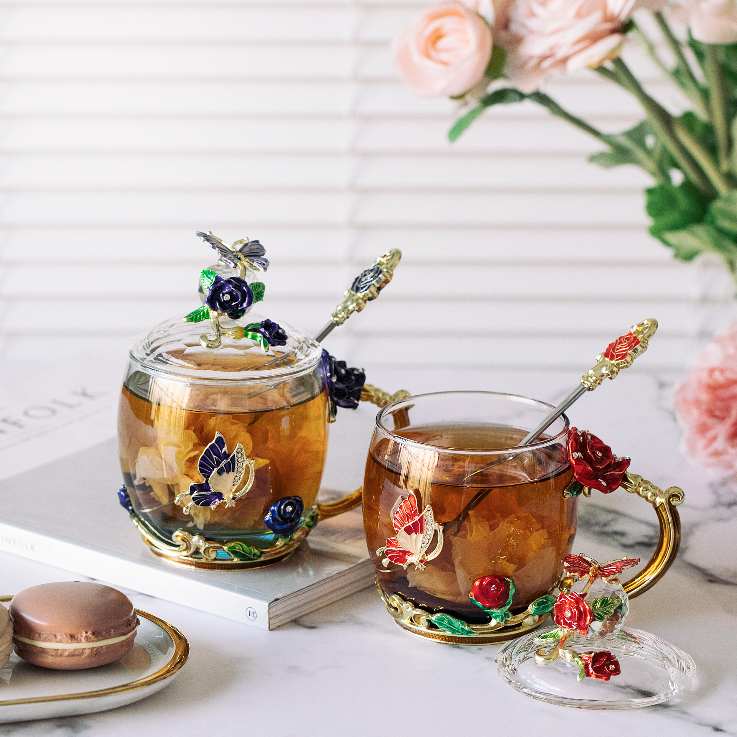 BTaT- Small Glass Tea Set, 2 Fancy Cups, Tea Pot Glass